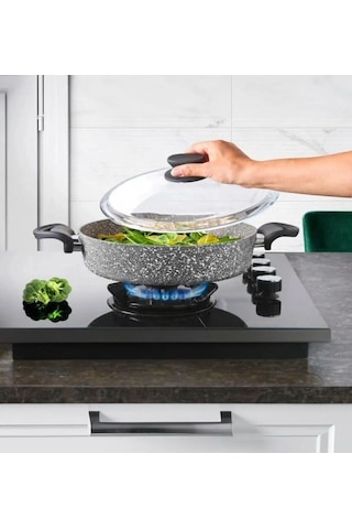 Diez 28 Cm Granit Basık Tencere Gri Yapışmaz Karnıyarık & Pilav Tenceresi Cam Kapaklı