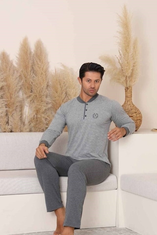 Alimer Erkek 3 Düğmeli Çizgili Desen %100 Pamuk Uzun Manşetli Kol Cepli Pijama Takımı Gri