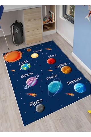 Uzay Çocuk Oyun Halısı Kaymaz Makinede Yıkanabilir Eğitici 4 Beyaz - Mavi