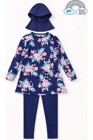 My Kids Wear Kız Çocuk Tesettür Mayo 3 Lü Takım Üst + Tayt + Bone 12566 Lacivert
