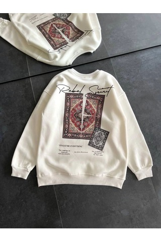 Kadın Bisiklet Yaka Kilim Halı Baskılı 3 İplik Pamuklu Sweatshirt - Beyaz