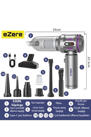 16000pa Güçlü Dijital Göstergeli Vakumlu Kablosuz Üflemeli Mini Araç Süpürgesi