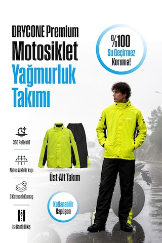 Nukrowear Drycone Premium Motosiklet Motorcu Yağmurluğu Su Ve Rüzgar Geçirmez Reflektörlü Yağmurluk Takımı Neon Sarı - Siyah