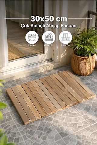 Reyo Ahşap İpli Banyo Paspası, Bahçe Balkon Paspası 30x50cm Ahşap
