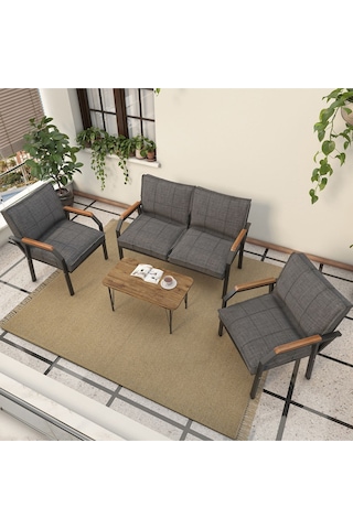 Mygusi Hayal Balkon, Bahçe, Cafe - Metal Kanepe Koltuk Takımı - 2 1 1 Sehaplı Koyu Gri