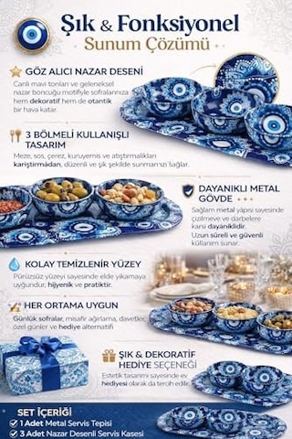 3 Lü Nazar Boncuk Desenli Çerezlik Ve Sosluk Seti,metal Sunum Tepsili Mavi Desen Servis Kasesi Takımı, Atıştırmalık Ve Kahvaltılık Sunum Seti