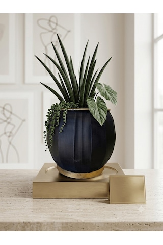 Panalı Metal Siyah Dekoratif Saksı Büyük 37 X 31 Cm