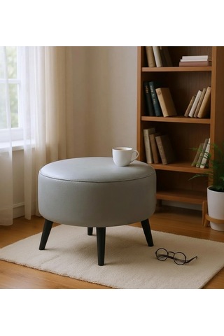 Waterybrook Suni Deri Puf Large - Siyah Ahşap Ayaklı - Retro Modern Tasarım - Dekoratif Sehpa Gri