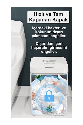Greentech Sensörlü 16 Litre Çöp Kovası (Şarj Edilebilir Lityum Pilli) / GT-SC03 Beyaz