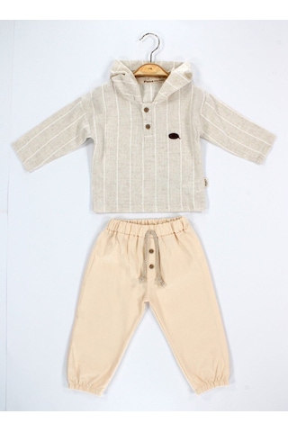 Babyhola Erkek Bebek Bayramlık Takım Müslin Kumaş Kapüşonlu Üst Ve Pantolon Set 2219 Ekru
