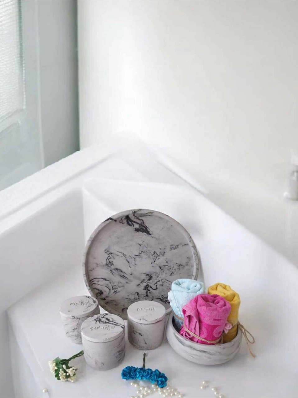 Marble Serisi Antrasit Havluluk Ve Organizerli ,tepsili Beton Banyo Seti Antrasit