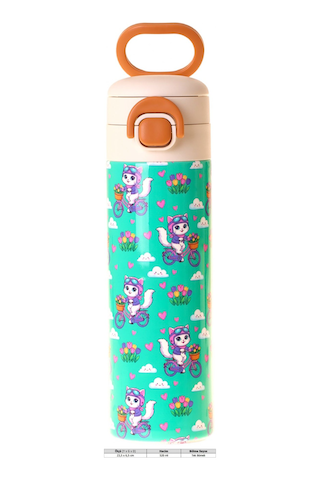 Kaukko Kids 520 Ml Bisikletli Kedi Baskılı Yeşil Kız Çocuk Çelik Termos Matara Çift İçim Kilitli Kapak - L5331