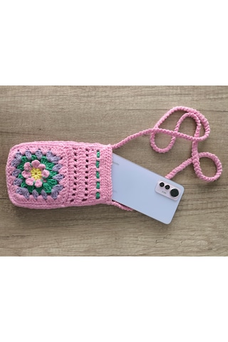 El Yapımı Çiçek Desenli Örgü Telefon Çantası Açık Pembe