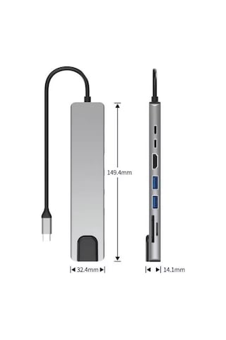 Type-c Çoklu Dönüştürücü 87w Pd, Hdmı, 2x Usb 3.0, Rj45, Sd/tf Kart Girişli Hub