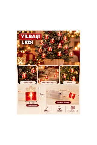 Yılbaşı Hediye Paketi Figürlü Led Işık 2 Metre Pilli Süsleme Ledi 20 Led Oda Masa Ağaç Dekoratif Süs