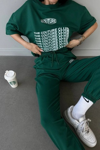 Couture Club T-shirt Eşofman Altı Jogger- Yeşil Baskılı Alt Üst Eşofman Takım Oversize Bisiklet Yak Yeşil