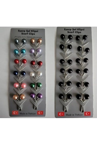 Eşarp, Türban, Şal, Klipsi 12 Adet Siyah 12 Adet Renkli Tesettür Eşarp Ve Şal Klipsi - İnci Tasarım Çok Renkli