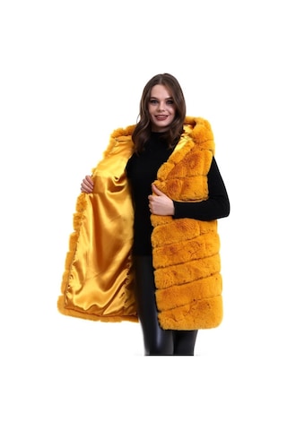 Kapşonlu Peluş Kürk Yelek Premium Kalite, Tam Astarlı, Uzun Model - Sarı Sarı