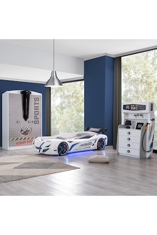Setaymobilya Sports Çocuk Odası -Mercedes Arabalı Yatak Dolap Şifonyer - Beyaz