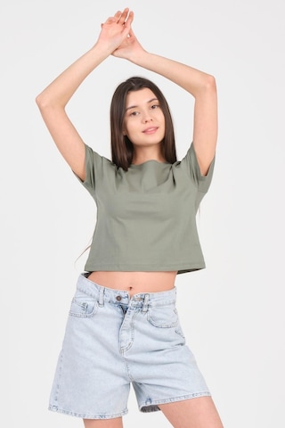 As Collection Yeşil Bisiklet Yaka Kısa Kol Örme Kadın Crop 001