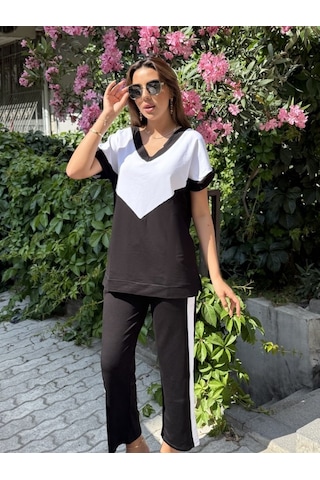 Munn Collection Kadın Kısa Kollu V Yaka Siyah Beyaz Renkli Viskon Iki Iplik Kumaş Eşofman Takımı Siyah