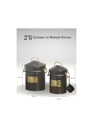 2'li Set Deterjan Kovası Çamaşır Bulaşık Kutusu Ölçekli Galvaniz Metal Siyah Siyah