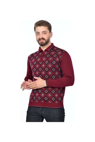 Kamalı Erkek Çelik Örgü Gömlek Yaka Fermuarlı Polo Yakalı Kazayağı Tüylenmeyen Triko Kışlık Baba Kazak Bordo