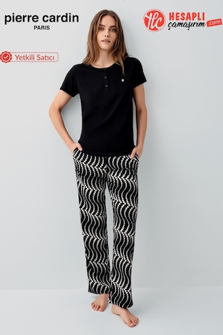 Pierre Cardin Premium Kadın Büyük Beden Modal Pamuklu Rahat Kalıp Kısa Kollu Pijama Takım Siyah