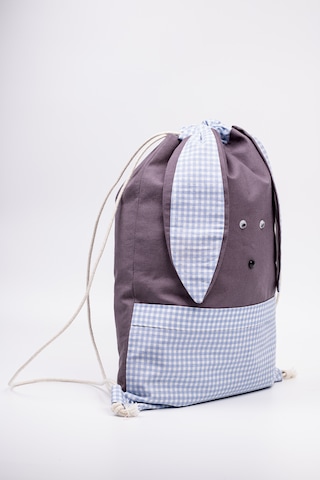 Fabric Craft Bag Tavşan Figürlü Çocuk Bez Çanta Mavi Kareli 33x45 Cm Büzgülü Koyu Gri