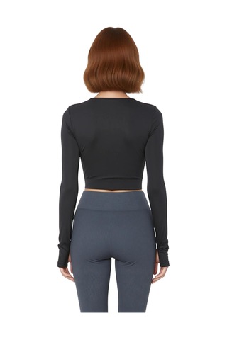 Ersefa Moda Bisiklet Yaka Örme Fit Düz Desen Sportswear Crop Uzun Kol Bl Antrasit