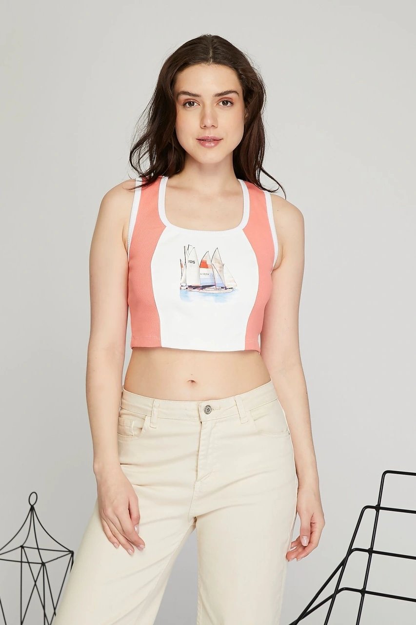 Kadın Deri Crop Ribana Kaşkorse Likralı Deri Garnili Baskılı Crop Büstiyer Deri Üzeri Baskılı Crop Pembe