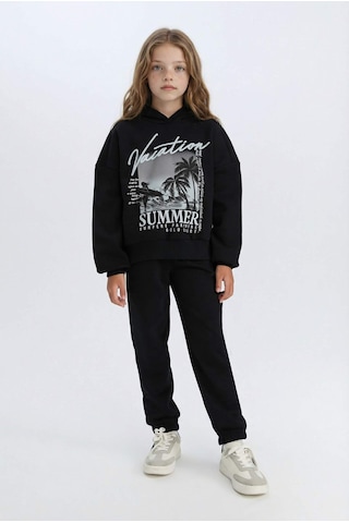 DeFacto Kız Çocuk 2'li Takım Kapüşonlu Baskılı Sweatshirt Beli Lastikli Jogger Alt D2219A824WNBK81 Siyah