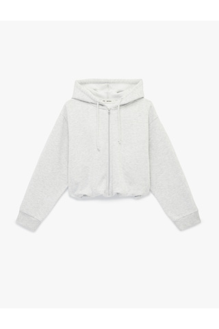 Koton Şardonlu Uzun Kollu Kapüşonlu Arkası Baskılı Fermuarlı Sweatshirt Kar Melanj 6sal10635ık Gri Melanj