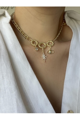 Çelik Göz Charm Choker Kolye Gold
