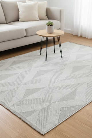 Rolyef İskandinav Kabartmalı Sisal Bukle Yıkanabilir Kaymaz Taban Salon Mutfak Çocuk Odası Halısı Beyaz