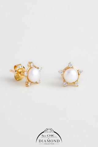 Diamond Collection 14 K Sarı Altın 0,11 Karat Pırlanta Doğal İnci Küpe