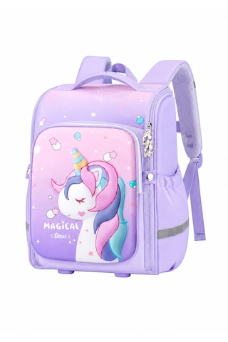 Unicorn 3D Desenli Kız Çocuk Kreş ve Anaokulu Okul Çantası Mor Açık Pembe