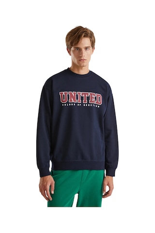 United Colors Of Benetton Erkek Önü Baskılı Ribanalı Yuvarlak Yaka Sweatshirt Lacivert