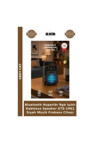 Bluetooth Hoparlör Rgb Işıklı Kablosuz Speaker Gts-1961 Siyah Müzik Frekans Cihazı