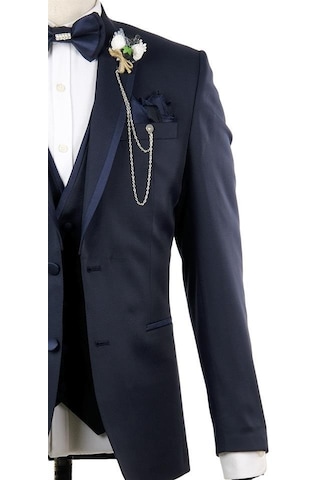 İmza Koyu Lacivert Desenli Mono Yaka Astarlı Yelekli 6 Drop Slim Fit Dar Kesim Smokin Damatlık 1001210100-Lacivert