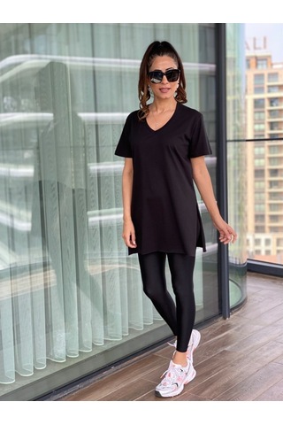 Siyah V Yaka Basic Kadın Tshirt Siyah