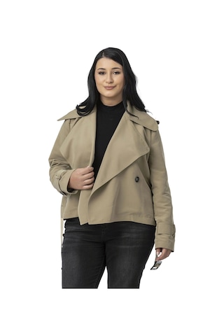 Büyük Beden Mono Yaka Kemerli Astarlı Kısa Çağla Yeşili Trençkot Çağla Yeşili