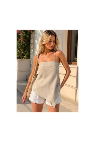 Meridefashion Bej İnce Askılı Asimetrik Bluz Hafif Kumaşlı Yazlık Kadın Üst M