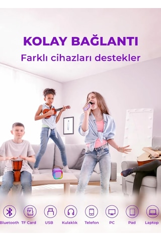 Uiowoo K12 Kablosuz Bluetooth Hoparlör Bej Karaoke 2 Mikrofon Li Ses Efektli Rgb Hd Stereo Ses Usb/sd