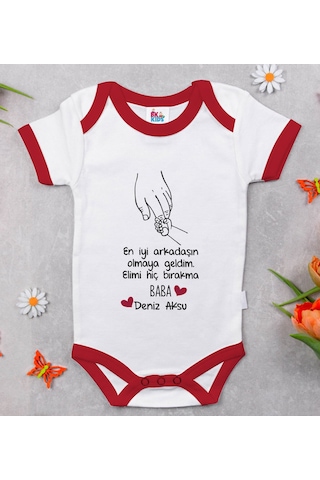 Bk Gift Bk Kids Kişiye Özel En İyi Arkadaşın Olmaya Geldim Tasarımlı Kırmızı Bebek Body Zıbın-1 Çok Renkli