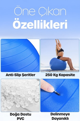 65 Cm Pilates Topu Ve Pompa Seti 155-170 Cm Boy İçin Uygun Dayanıklı Anti-slip Mavi