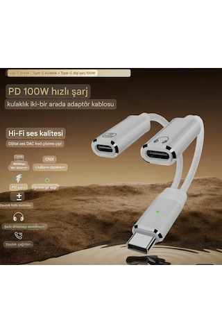 Wowssyo 2'si 1 Arada Type-c To Type-c+100w Şarj Ve Kulaklık Çevirici Adaptör Hi-fi Ses Teknolojisi Ce Lisanslı Sertifikalı Örgülü Sağlam Beyaz - Siyah