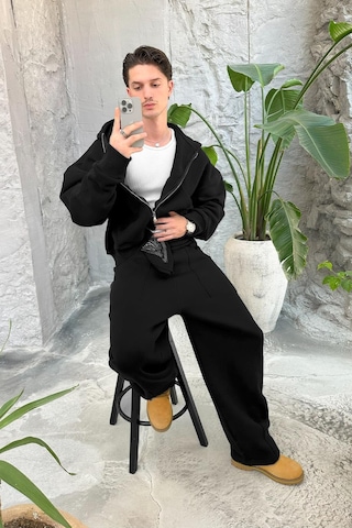 Siyah Cozy Basic Tam Fermuar Oversize Sweatshirt Siyah