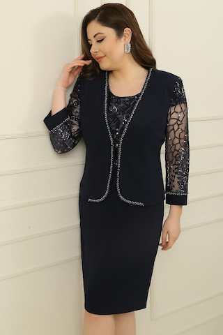 Pulpayet-tül Detaylı Astarlı Elbise Ceket Büyük Beden 2'li Takım-34870 Lacivert