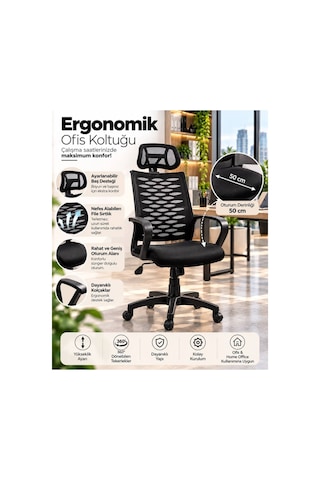 Milano Ergonomik Fileli Ofis Koltuğu, Bel Destekli, Kollu, Döner Tekerlekli Bilgisayar Ve Çalışma Sa Siyah